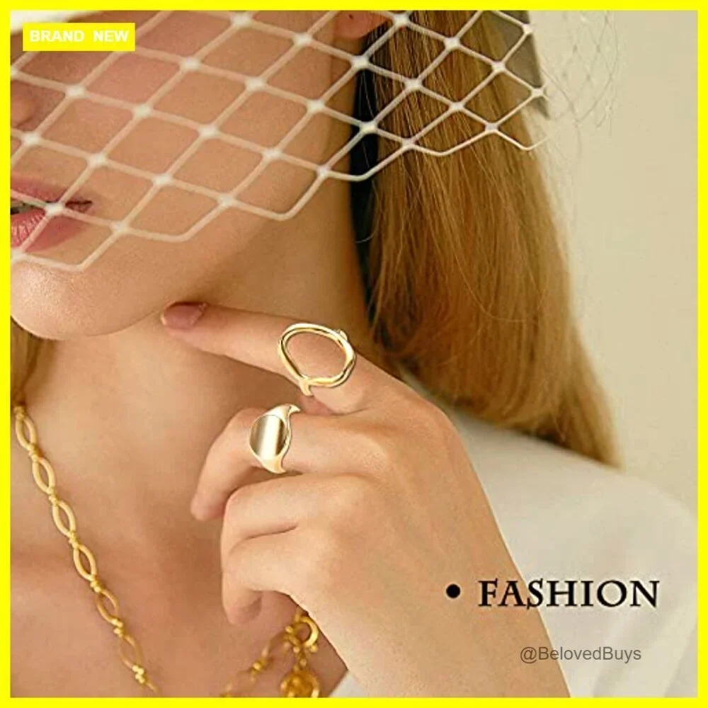 10-Piece Adjustable Chunky Dome Rings Set Gold Plated Size 6-9